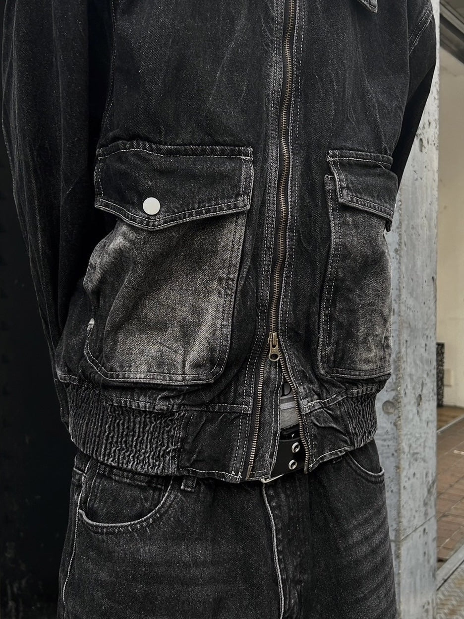 大阪店WEB限定受注制【Chikashitsu +】vintage wash cropped denim jacket (black)