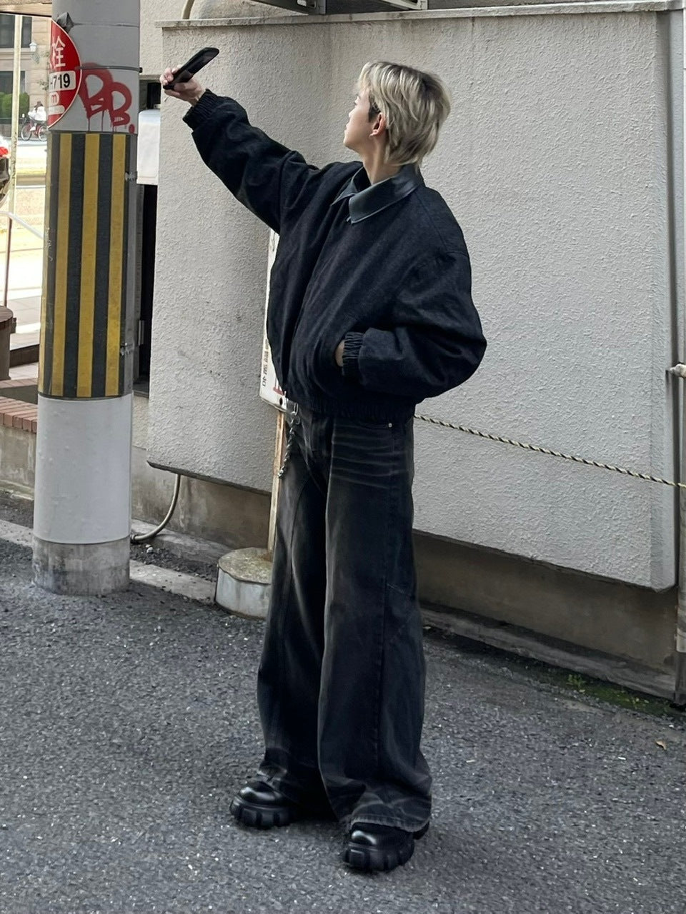 大阪店WEB限定【Chikashitsu +】cropped leather collar denim jacket