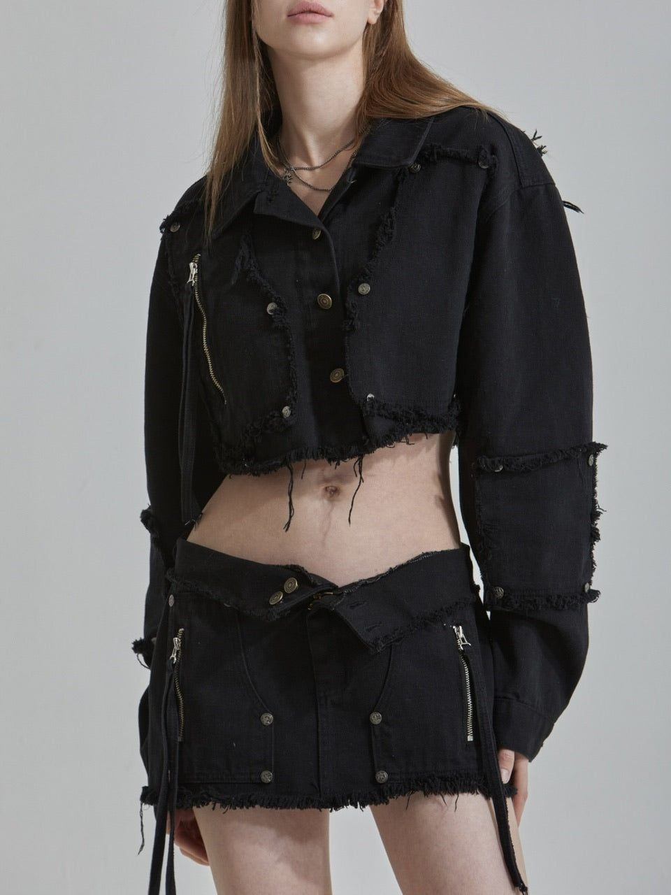 【GATELESS】RIVET FRINGE DENIM MINI SKIRT