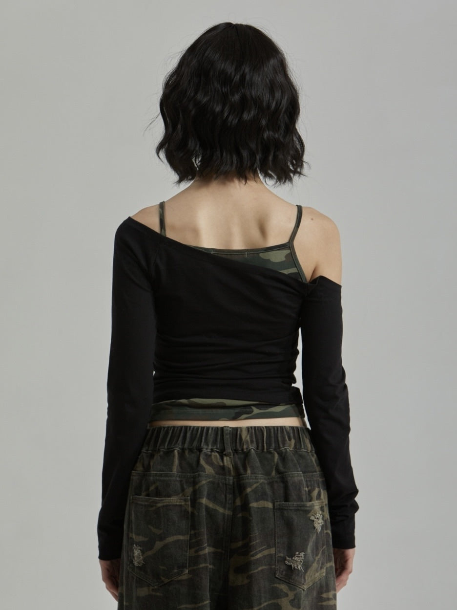 【GATELESS】CAMOUFLAGE LAYERED ONE SHOULDER T-SHIRT