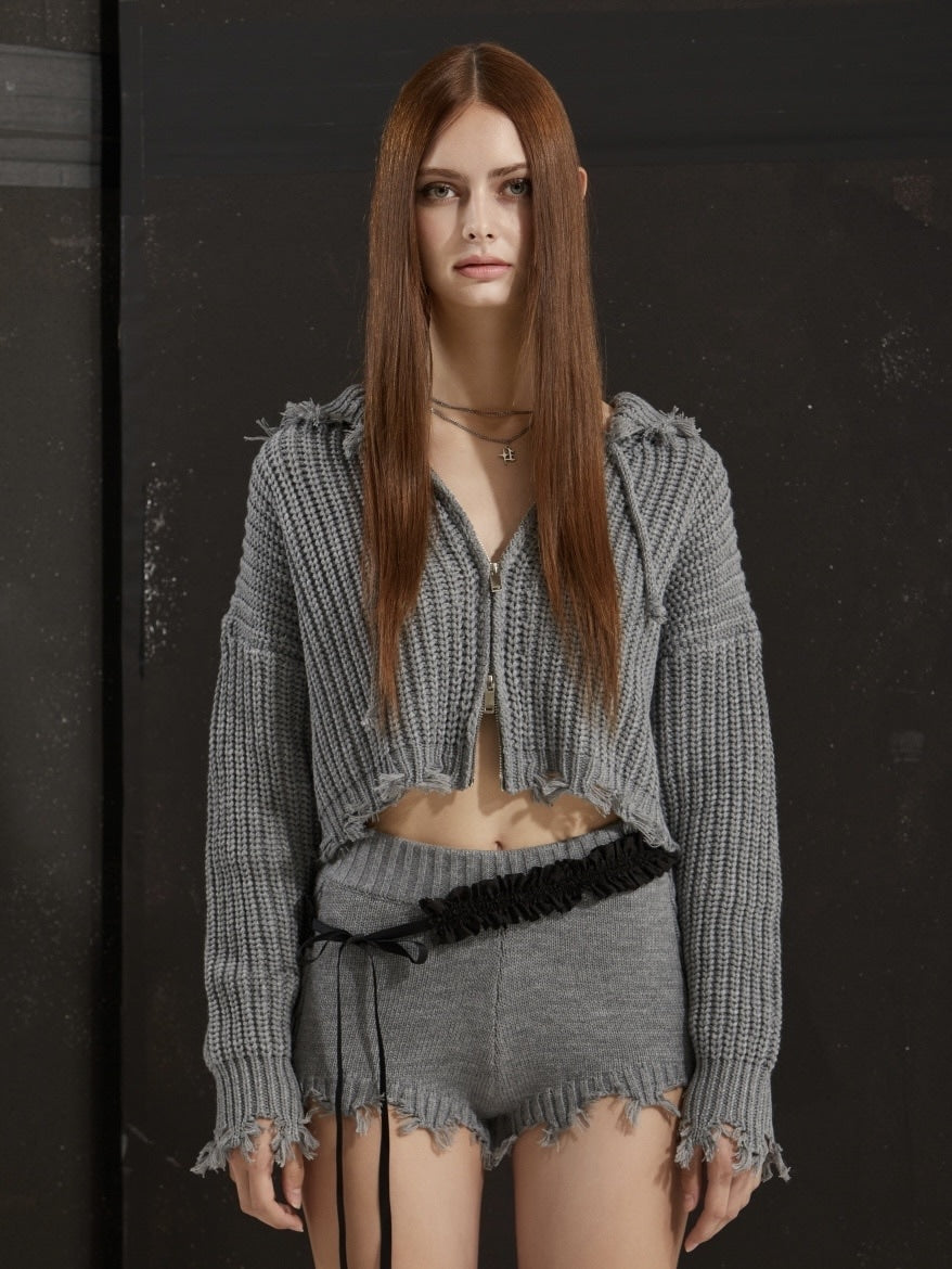 【GATELESS】RIB KNIT ZIP-UP HOODIE