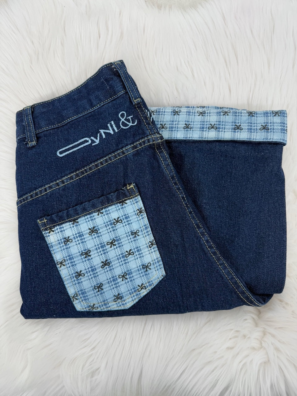 国際配送【Nerd out XU】design check wide denim pants