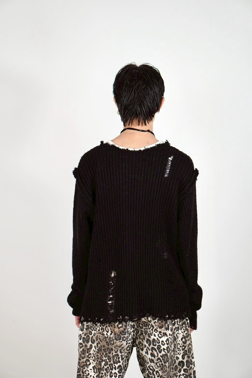 Chikashitsu +】damage reverse v neck knit (3color