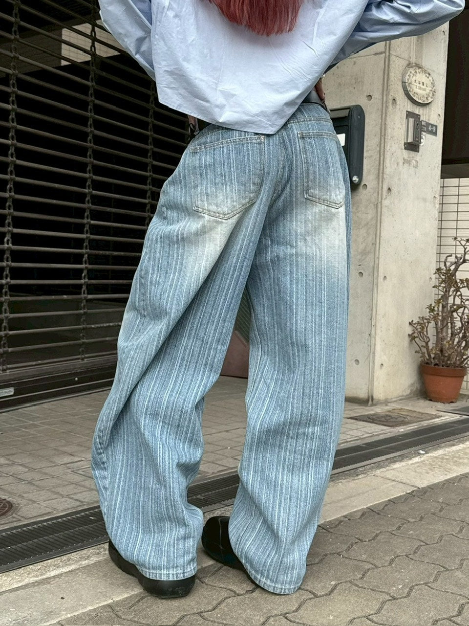 受注制【Chikashitsu +】wide stripe denim pants / 【チカシツプラス】ストライプボーダーワイドデニムパンツ