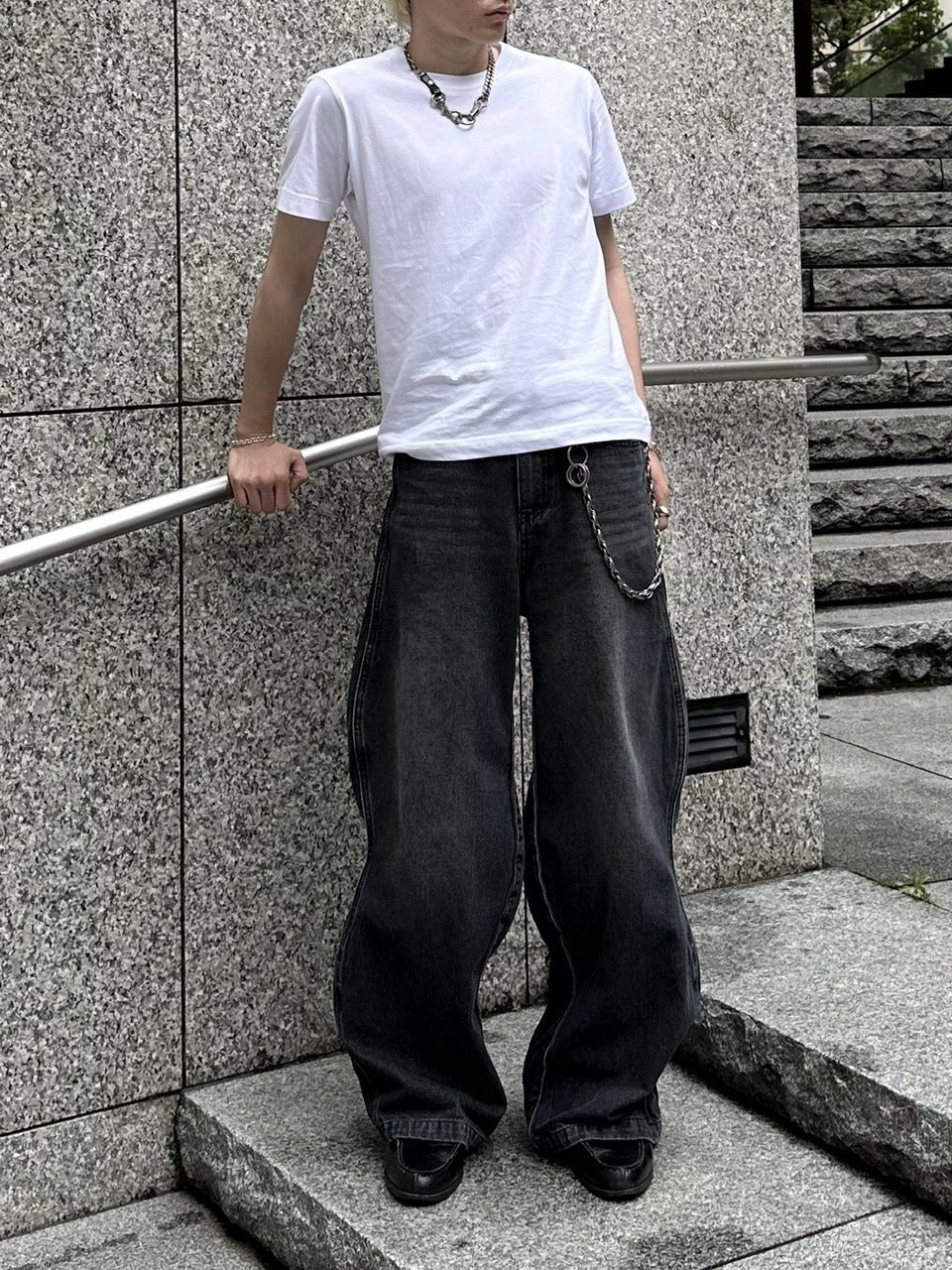 【Chikashitsu +】side wave design denim pants (BLACK)
