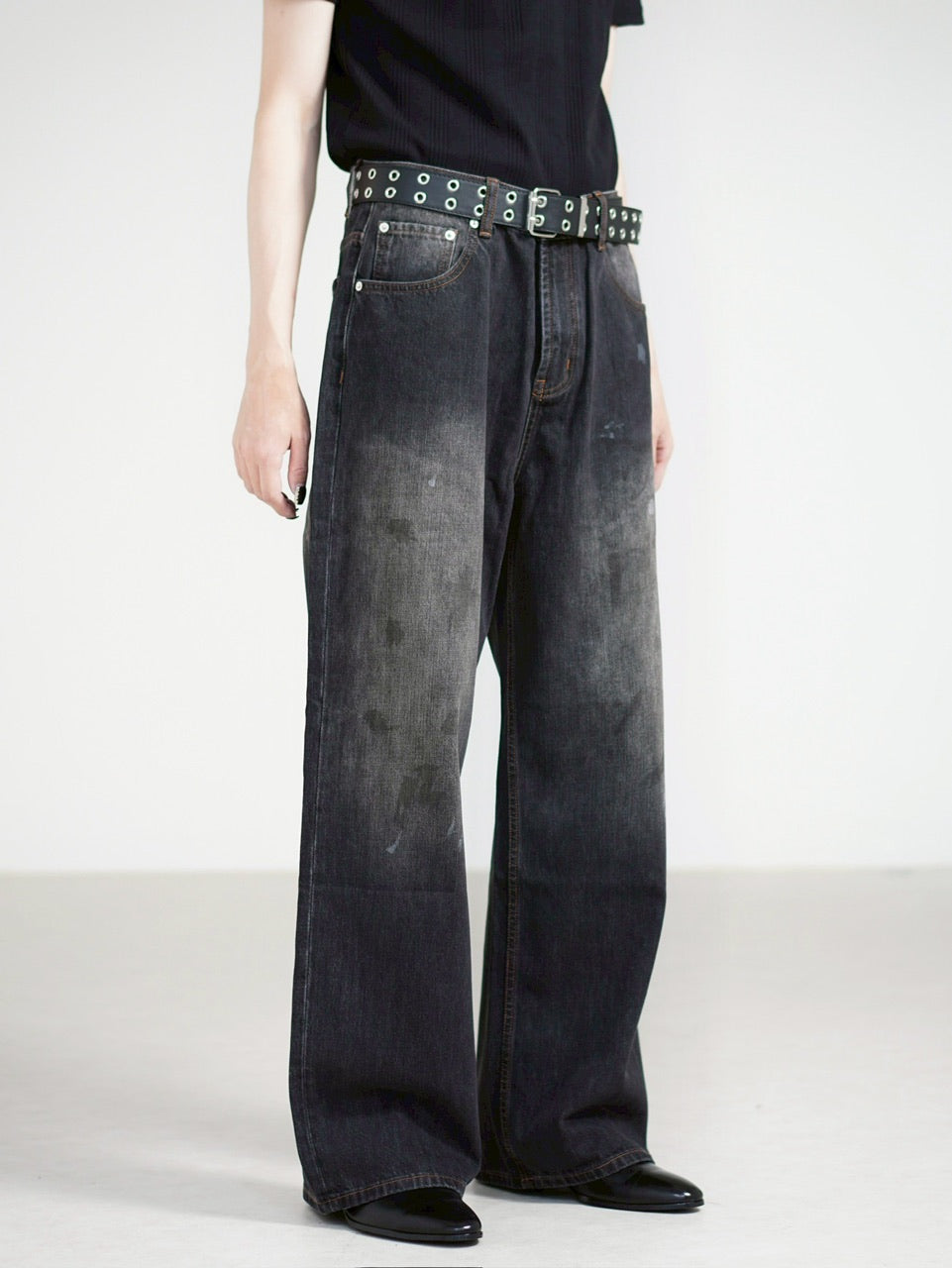 Chikashitsu +】dirty wash semi wide denim (2color