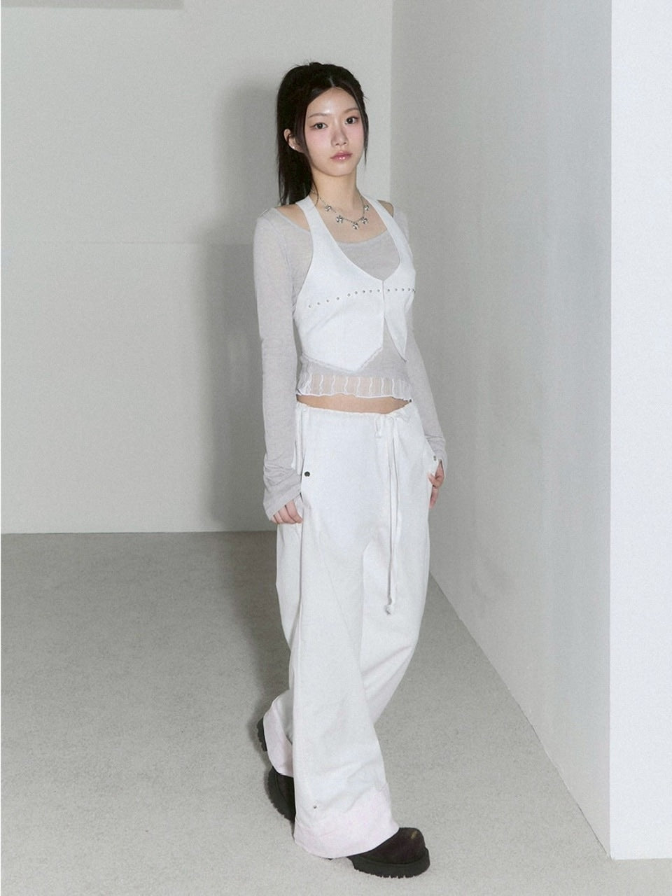 【CHERRYQUIRI】sheer layered unbal sleeve / 【チェリーキュリー】シアーレイヤードアンバランス長袖トップス