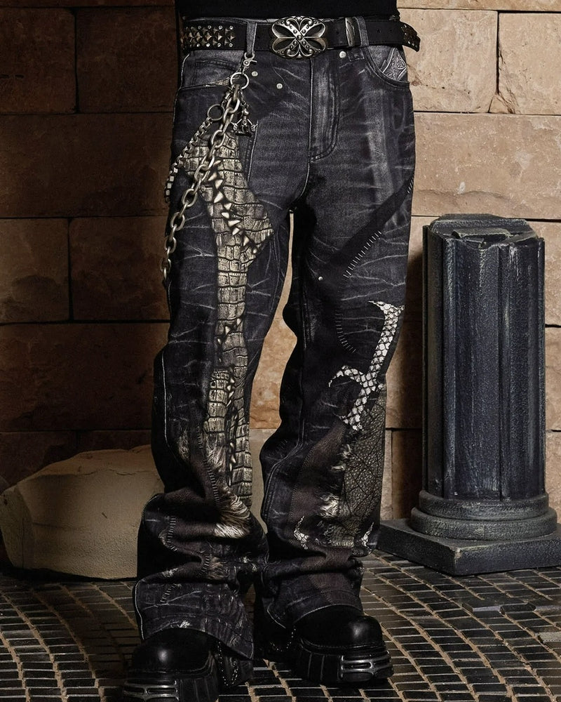 【DND4DES】LEATHER CROSS SPLICING PRINTED JEANS