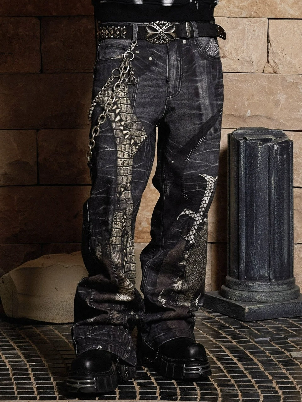 【DND4DES】LEATHER CROSS SPLICING PRINTED JEANS