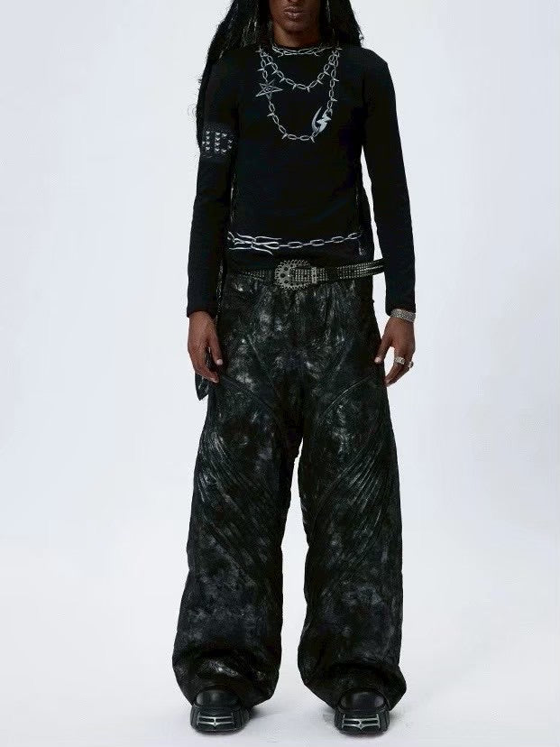 【DND4DES】COATED FAUX LEATHER BIKER BAGGY PANTS