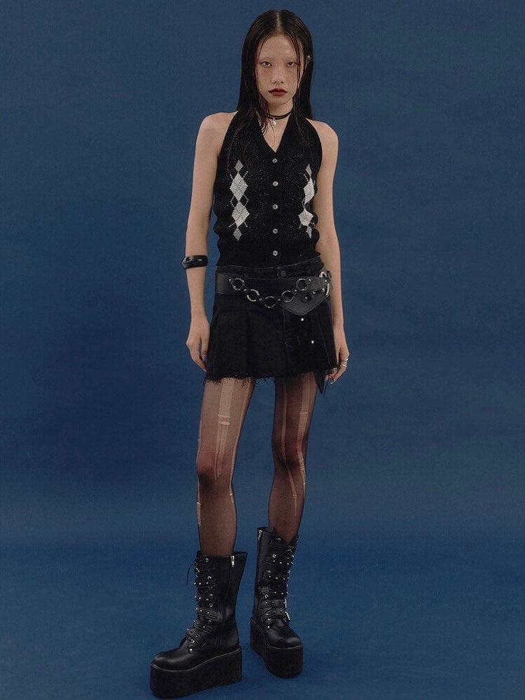 【NOT KNOWING】Argyle Linen Knit Halter Top / 【ノットノーイング】アーガイルリネンニットホルターベスト