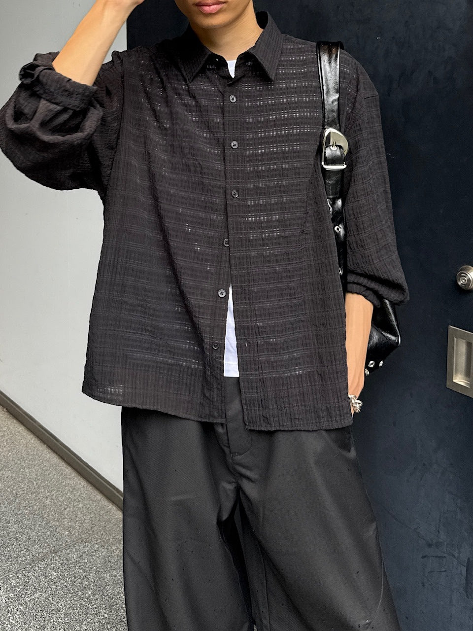 東京店WEB限定受注制【Chikashitsu +】cropped check sheer shirt