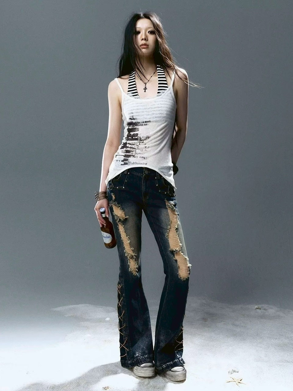 【Cest Nous】Graffiti Tank Top / 【セヌー】2wayグラフィックボーダーレイヤードタンクトップ