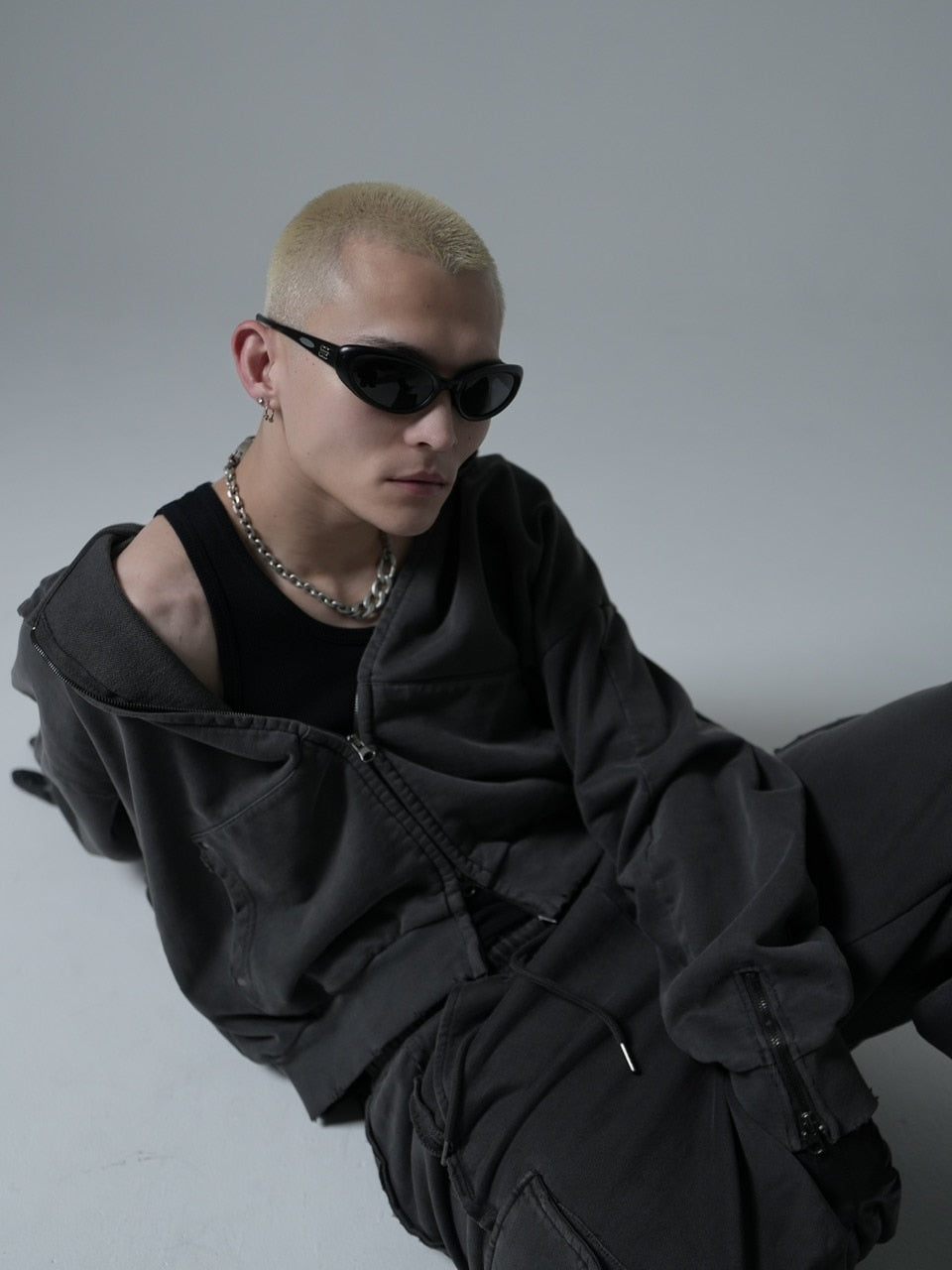 【CHIKASHITSU PLUS HIGH】cropped dirty wash double zip hoodie (charcoal) / 【チカシツプラスハイ】クロップドダーティーウォッシュダブルジップパーカー