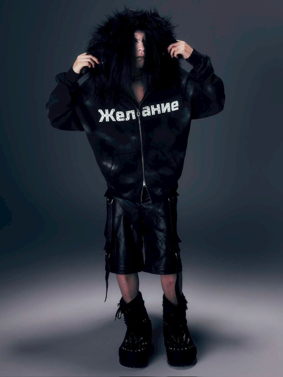 【DIG YOUR OWN GRAVE】Желание FUR HOODIE /【ディグユアオウングレイブ】ファーフードフードジェラーニエロゴジップアップパーカー