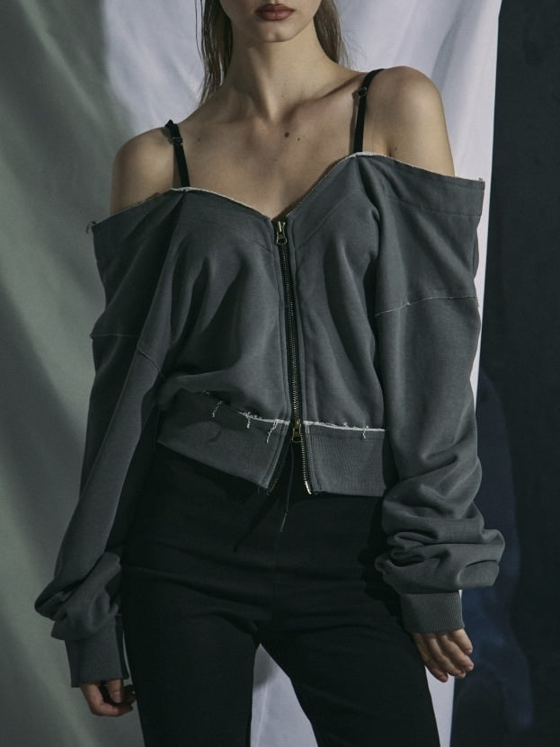【GATELESS】OFF-SHOULDER ZIP SWEAT / 【ゲートレス】オフショルダージップスウェット