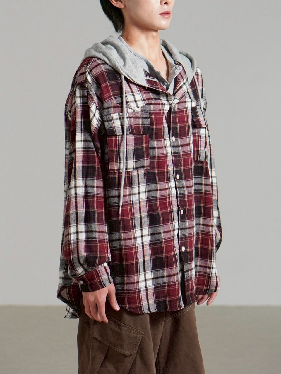 受注制【Chikashitsu +】hood mix check hoodie / 【チカシツプラス】フードミックスチェックパーカー (3color)