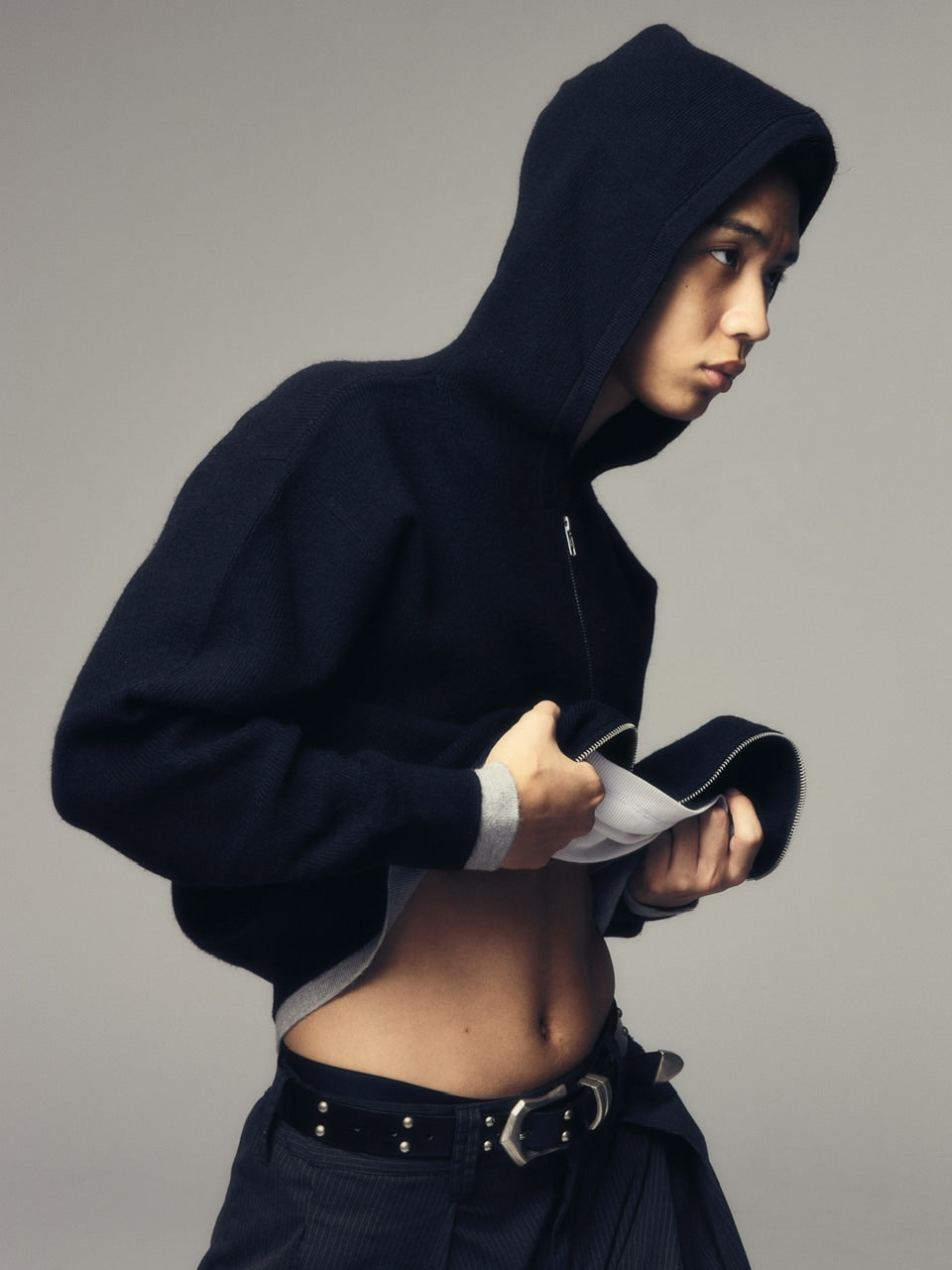 【CS】layered knit zip hoodie (black) / 【シーエス】レイヤードニットジップフーディー