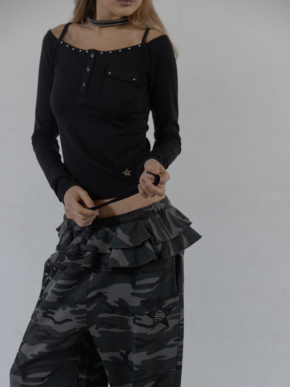 【SETUP‐EXE】FRILL EYELET SWEATPANTS / 【セットアップエグゼ】フリルアイレットサイドラインスウェットパンツ