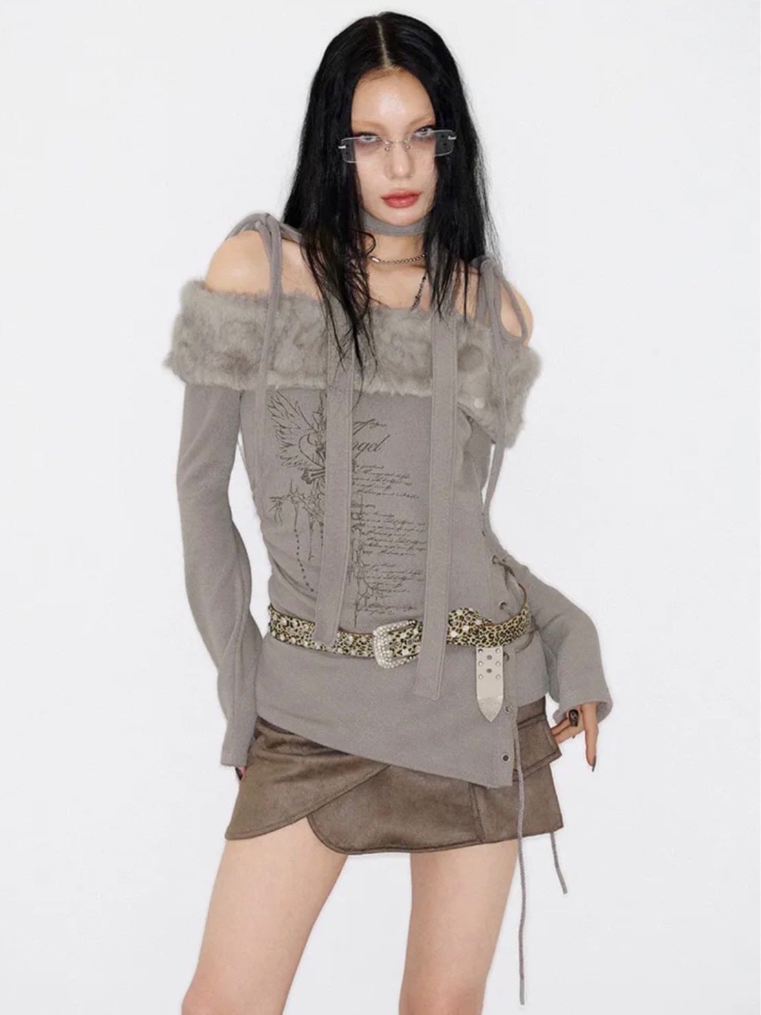 【NOT KNOWING】Fur Off Shoulder Lace Up Top