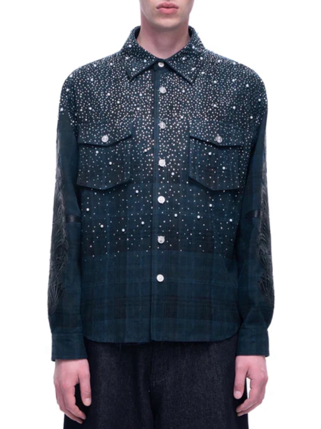 【The Boy Has No Patience】TBHNP LUMINOUS DAWN RHINESTONE PEARL BAT PATTERN L-S SHIRT / 【ザボーイハズノーペーシェンス】ラインストーンチェックシャツ