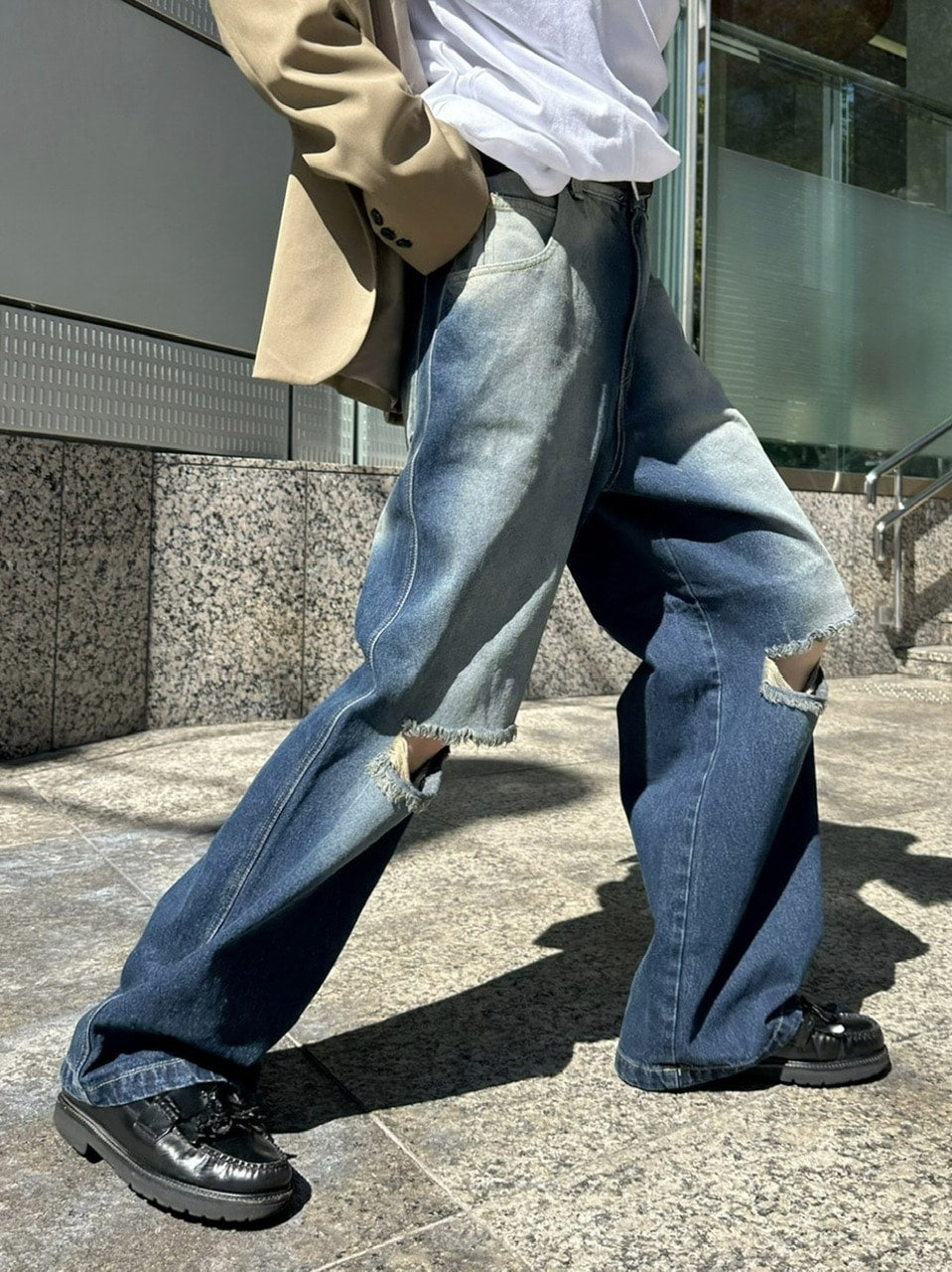 受注制【Chikashitsu +】vintage wash damage denim pants (2color)
