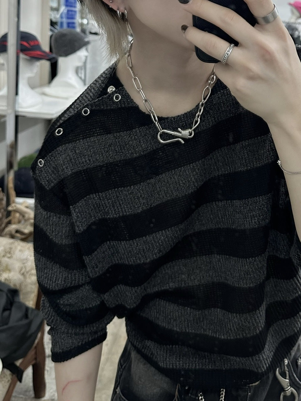 大阪店WEB限定受注制【Chikashitsu +】shoulder snap border knit (2color)