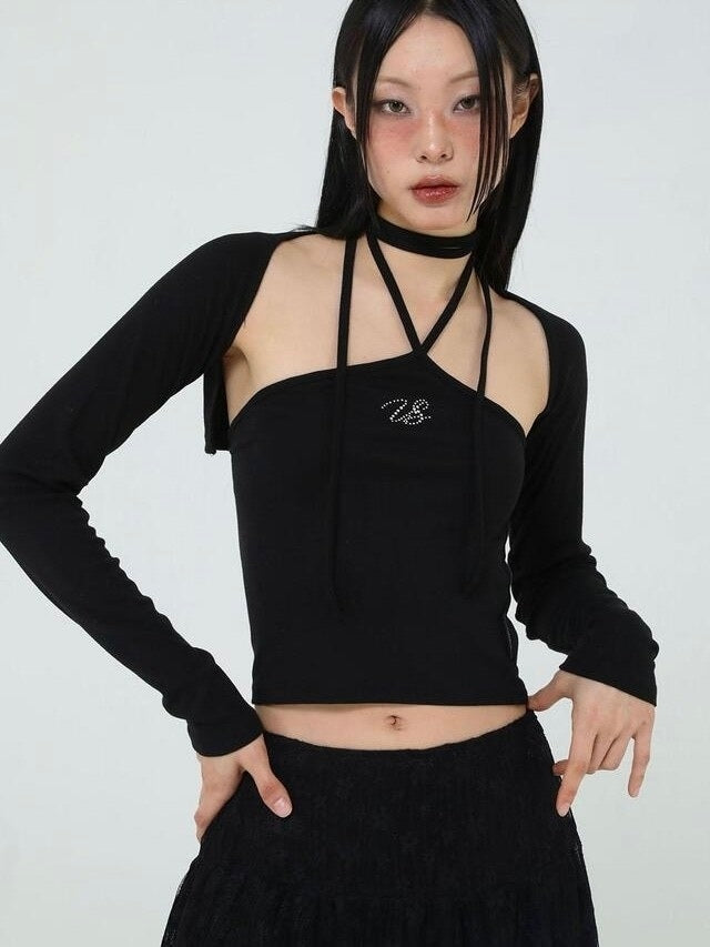 【Uglyshadow】BEADS TIE CARDIGAN SET / 【アグリーシャドウ】ビーズネクタイセット長袖カーディガン