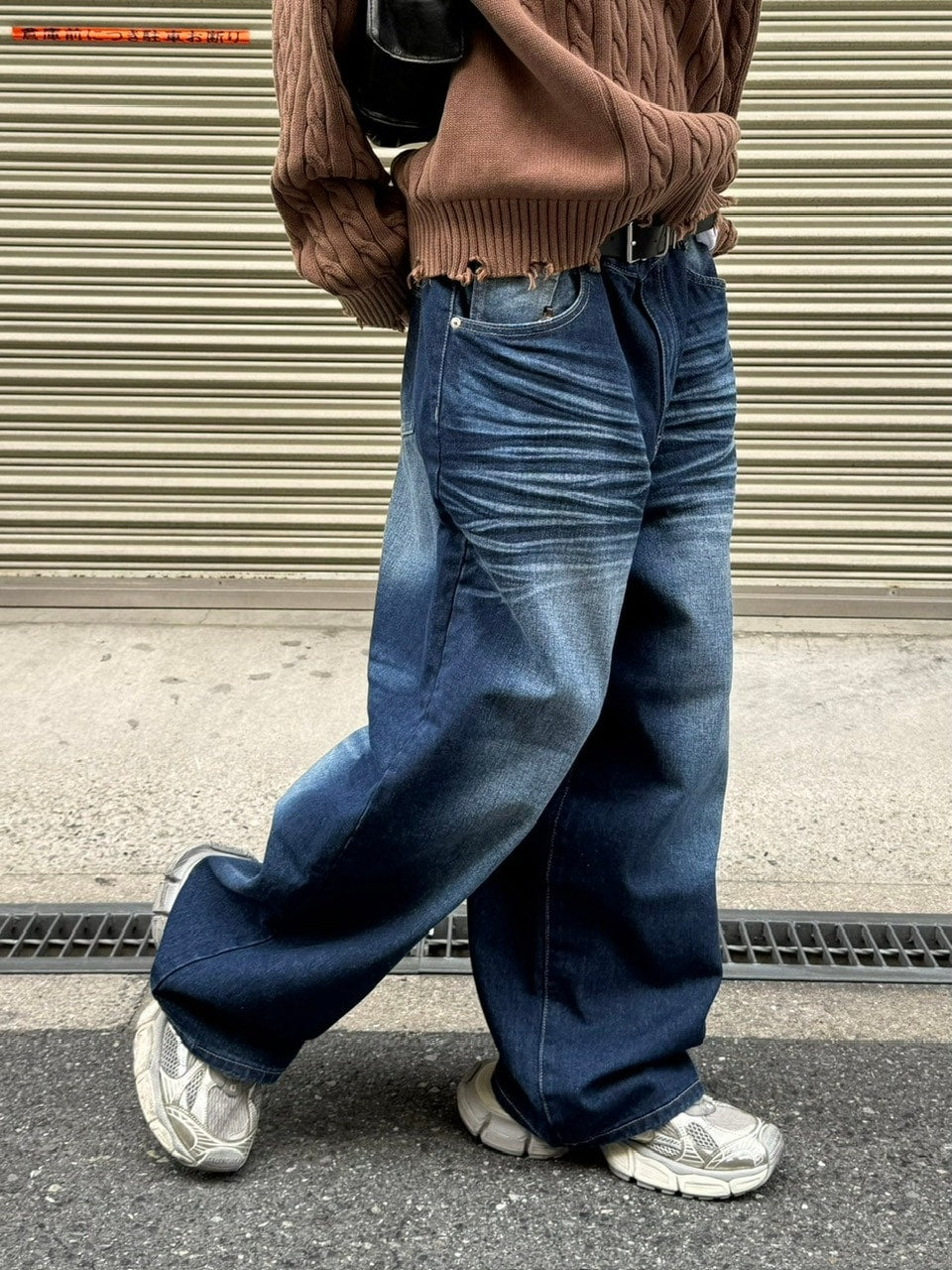 【Chikashitsu +】design washing wide denim pants (2color) / 【チカシツプラス】デザインウォッシングワイドデニムパンツ