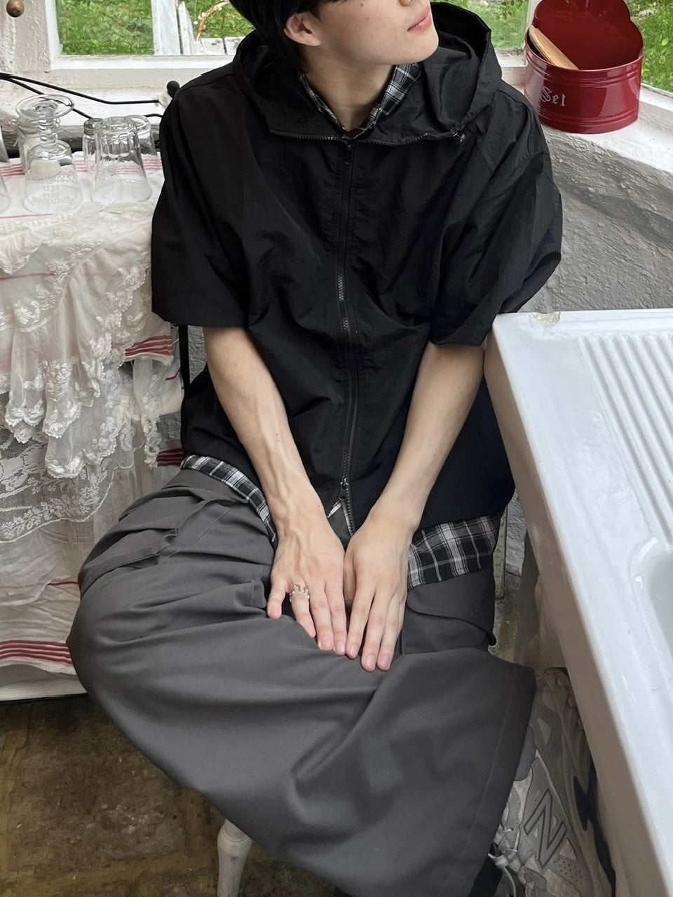 受注制【youll】half sleeve nylon hooded blouson (2color)