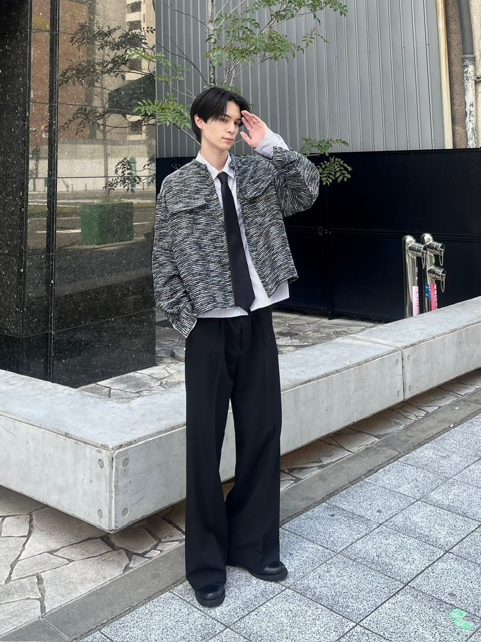 受注制【Chikashitsu +】no collar light tweed shirt (2color)