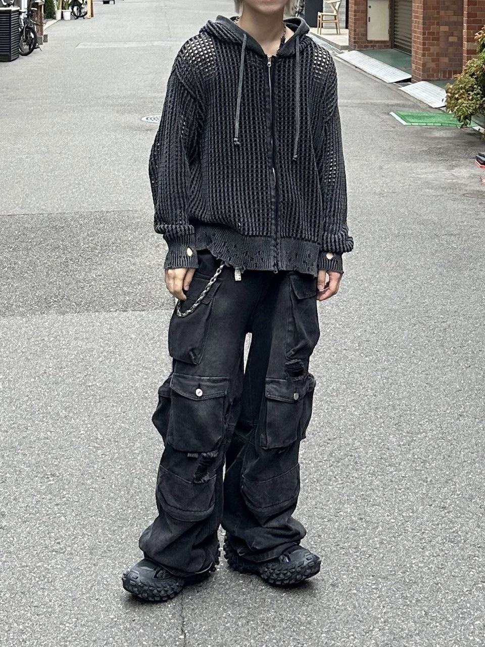 大阪店WEB限定受注制【Chikashitsu +】mesh zip damage hoodie (2color) / 【チカシツプラス】メッシュダメージジップアップ長袖パーカー