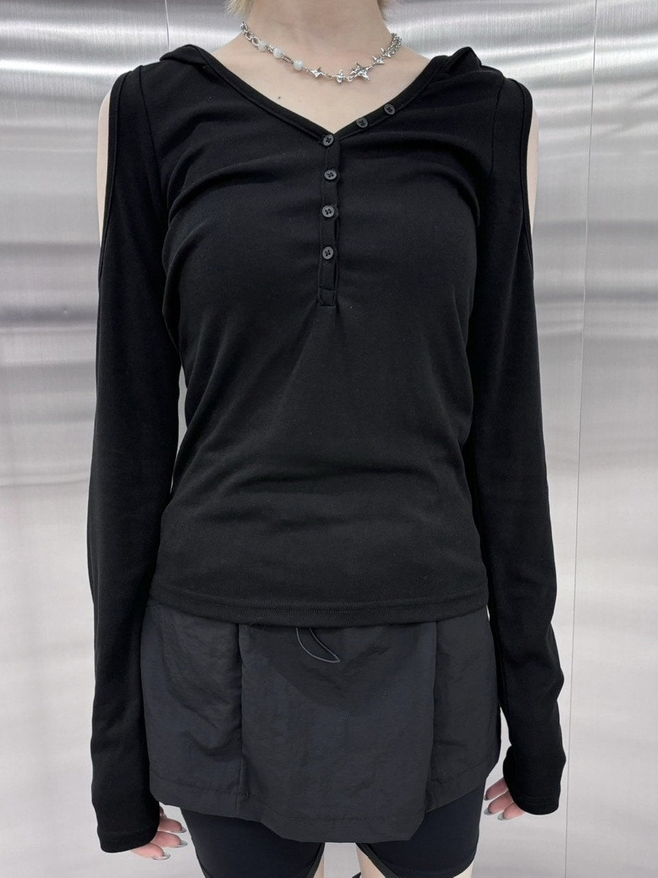 【nmtc +】shoulder slit hooded long sleeve tee (3color)