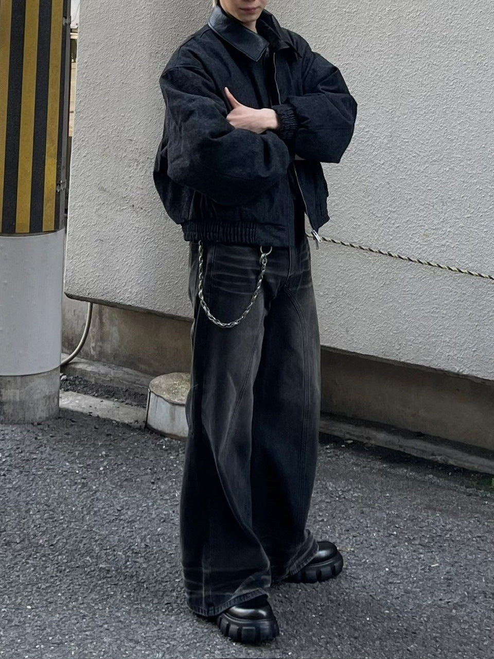 大阪店WEB限定【Chikashitsu +】cropped leather collar denim jacket