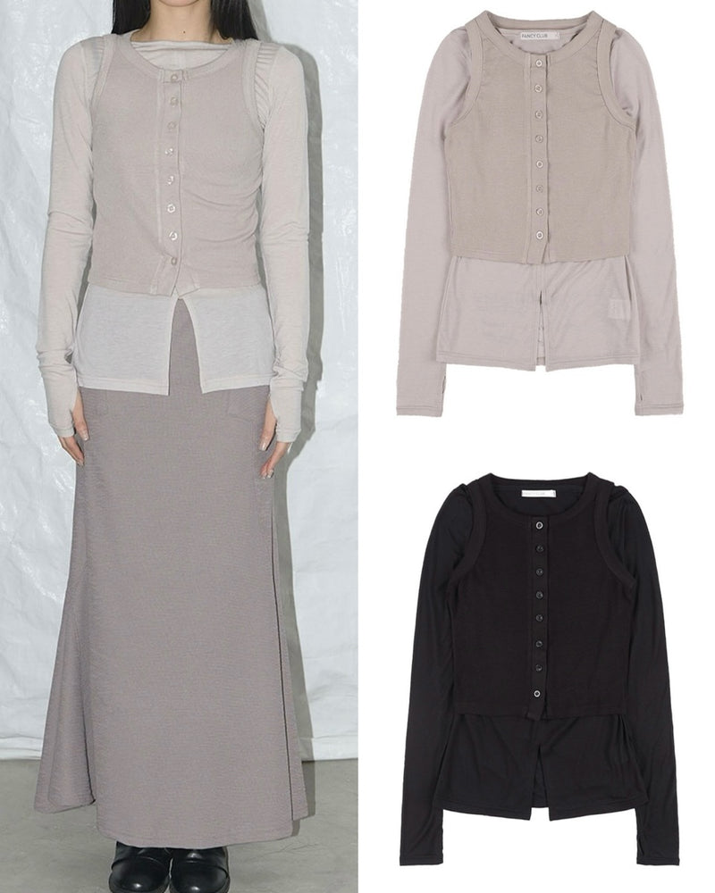 【FANCY CLUB】3-WAY BUTTON LAYERED LONG SLEEVE / 【ファンシークラブ】ボタンベストレイヤード長袖Tシャツ