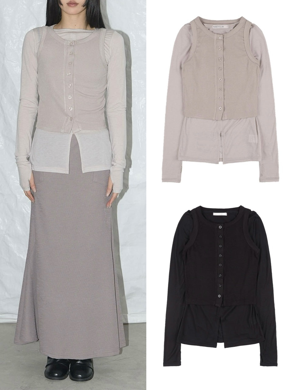 【FANCY CLUB】3-WAY BUTTON LAYERED LONG SLEEVE / 【ファンシークラブ】ボタンベストレイヤード長袖Tシャツ