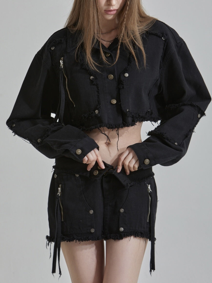 【GATELESS】RIVET FRINGE DENIM MINI SKIRT