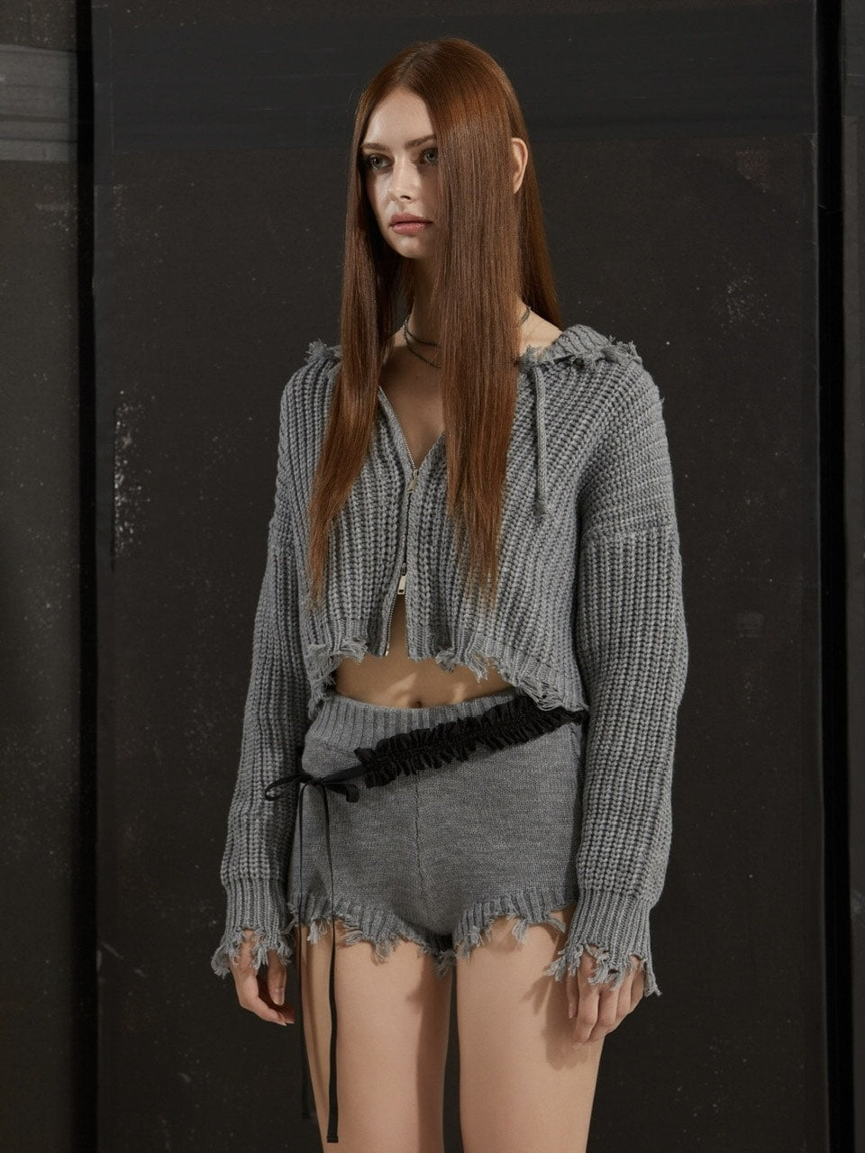 【GATELESS】RIB KNIT ZIP-UP HOODIE