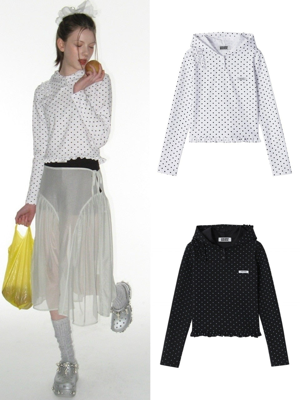 【CRANK】DOT FRILL HOODIE / 【クランク】ドットフリルフード付き長袖Tシャツ