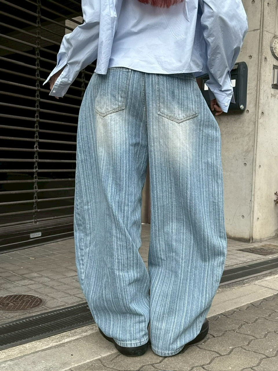 受注制【Chikashitsu +】wide stripe denim pants / 【チカシツプラス】ストライプボーダーワイドデニムパンツ