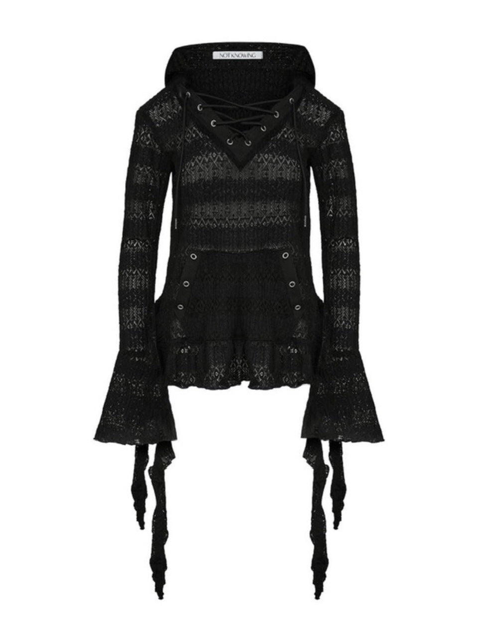 【NOT KNOWING】Lace V Neck Ruffle Hoodie