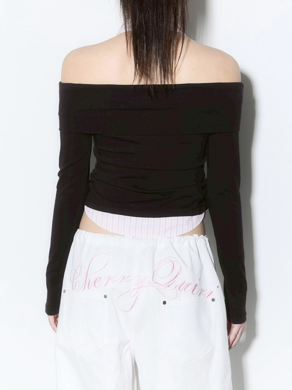 【CHERRYQUIRI】shirts layered off shoulder top