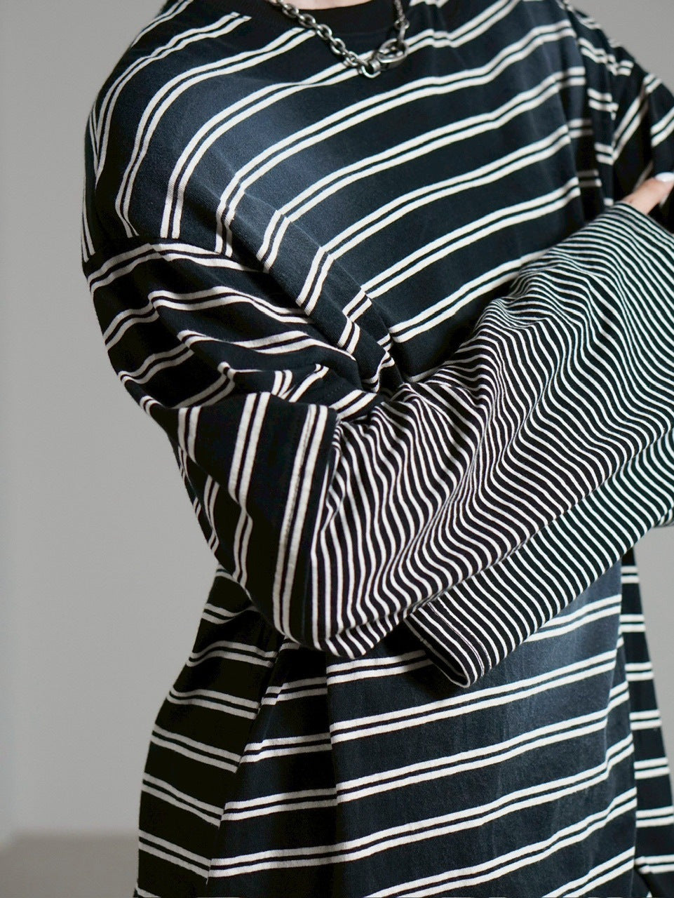 【Chikashitsu +】oversized layered border washed long sleeve / 【チカシツプラス】オーバーサイズウォッシュドレイヤードボーダー長袖Tシャツ(2color)