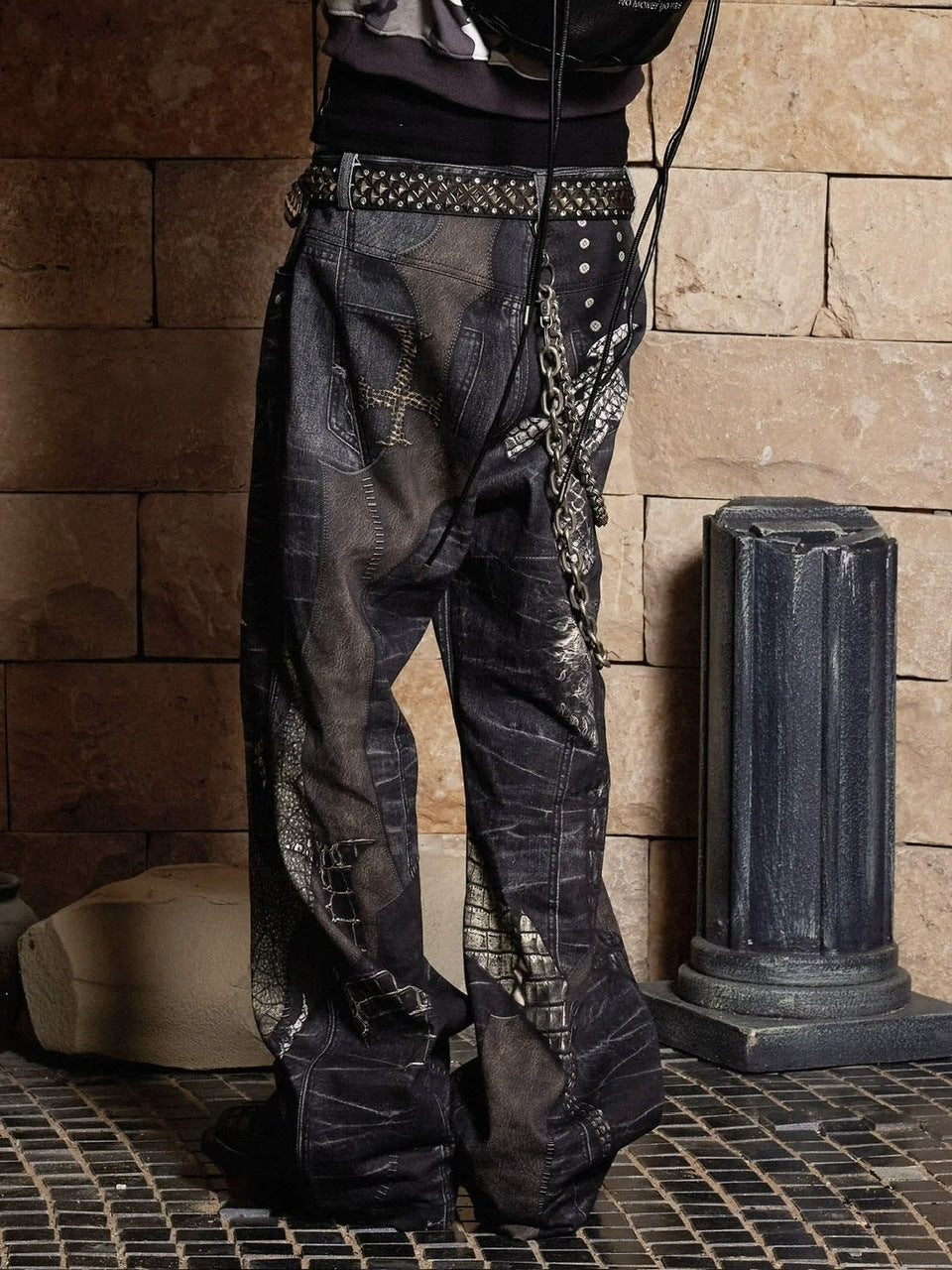 【DND4DES】LEATHER CROSS SPLICING PRINTED JEANS
