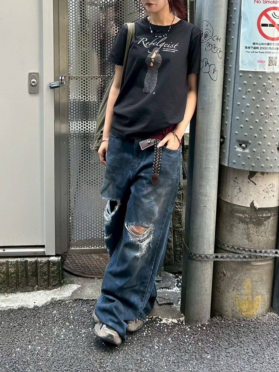 受注制【Chikashitsu +】oiled wash destroy denim pants / 【チカシツプラス】オイルドウォッシュデストロイデニムパンツ