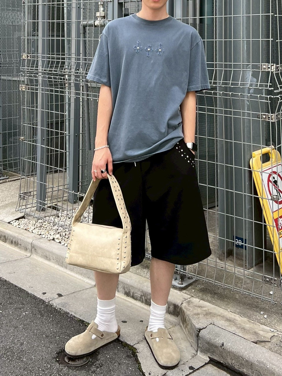 受注制【Chikashitsu +】pocket studs sweat half pants / 【チカシツプラス】ポケットスタッズスウェットハーフパンツ (2color)