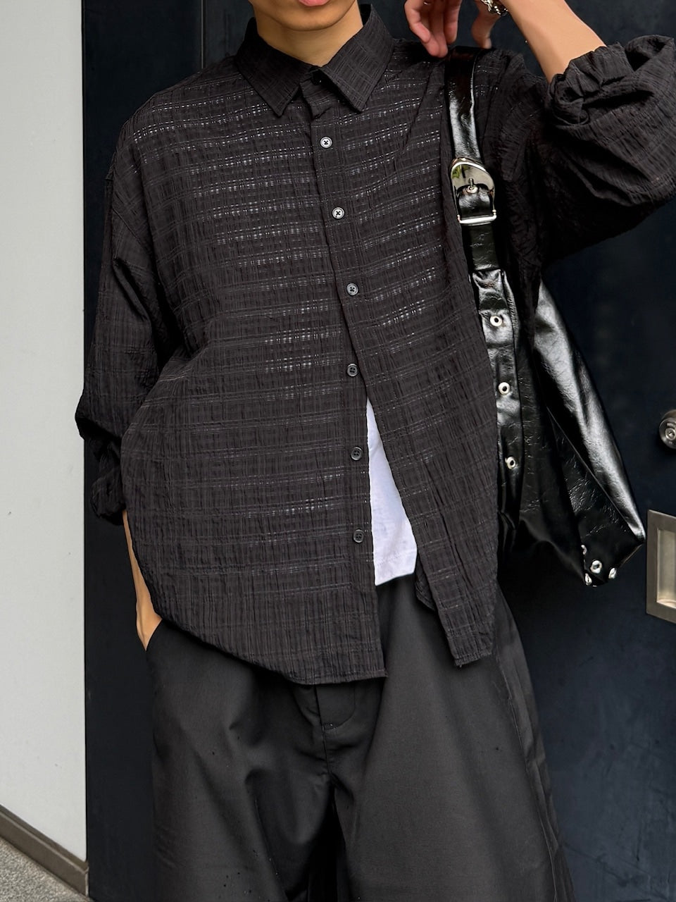 東京店WEB限定受注制【Chikashitsu +】cropped check sheer shirt