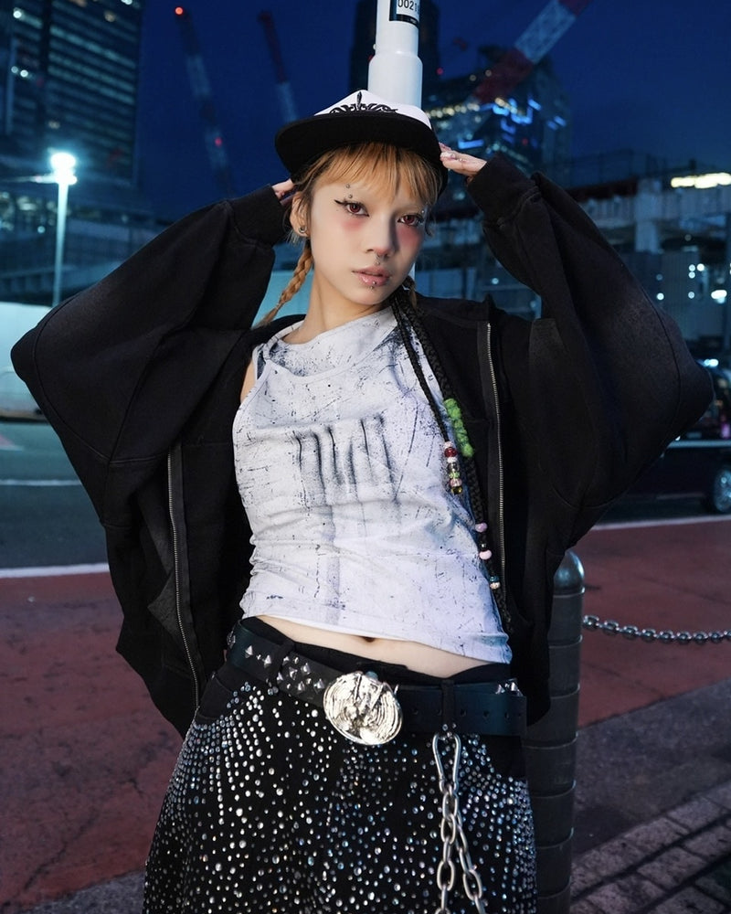 【NMTXU】rhinestone design zip parka / 【エヌエムティーエックスユー】ラインストーンデザインダブルジップパーカー