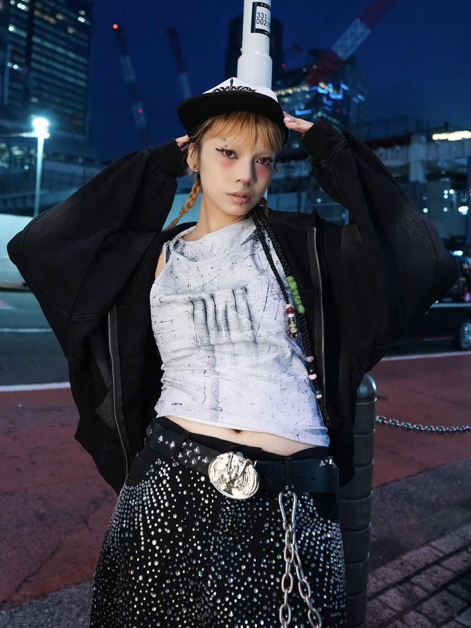 【NMTXU】rhinestone design zip parka / 【エヌエムティーエックスユー】ラインストーンデザインダブルジップパーカー