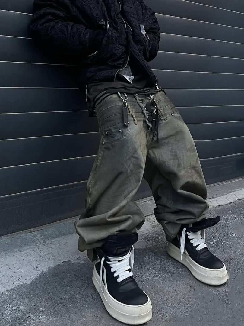 【UNIZ】8 Backs J-Cut Pants / 【ユニズ】ダーティーライクレイヤードバルーンデニムパンツ